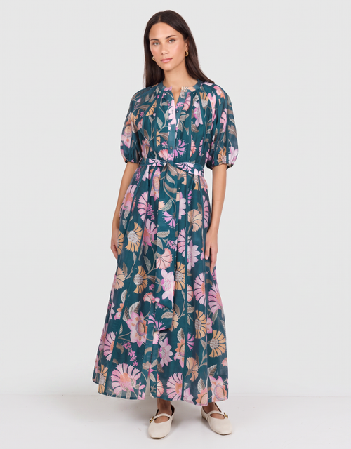 Intuition Scarf Print Puff Sleeve Maxi Shirt Dress - Petrol
