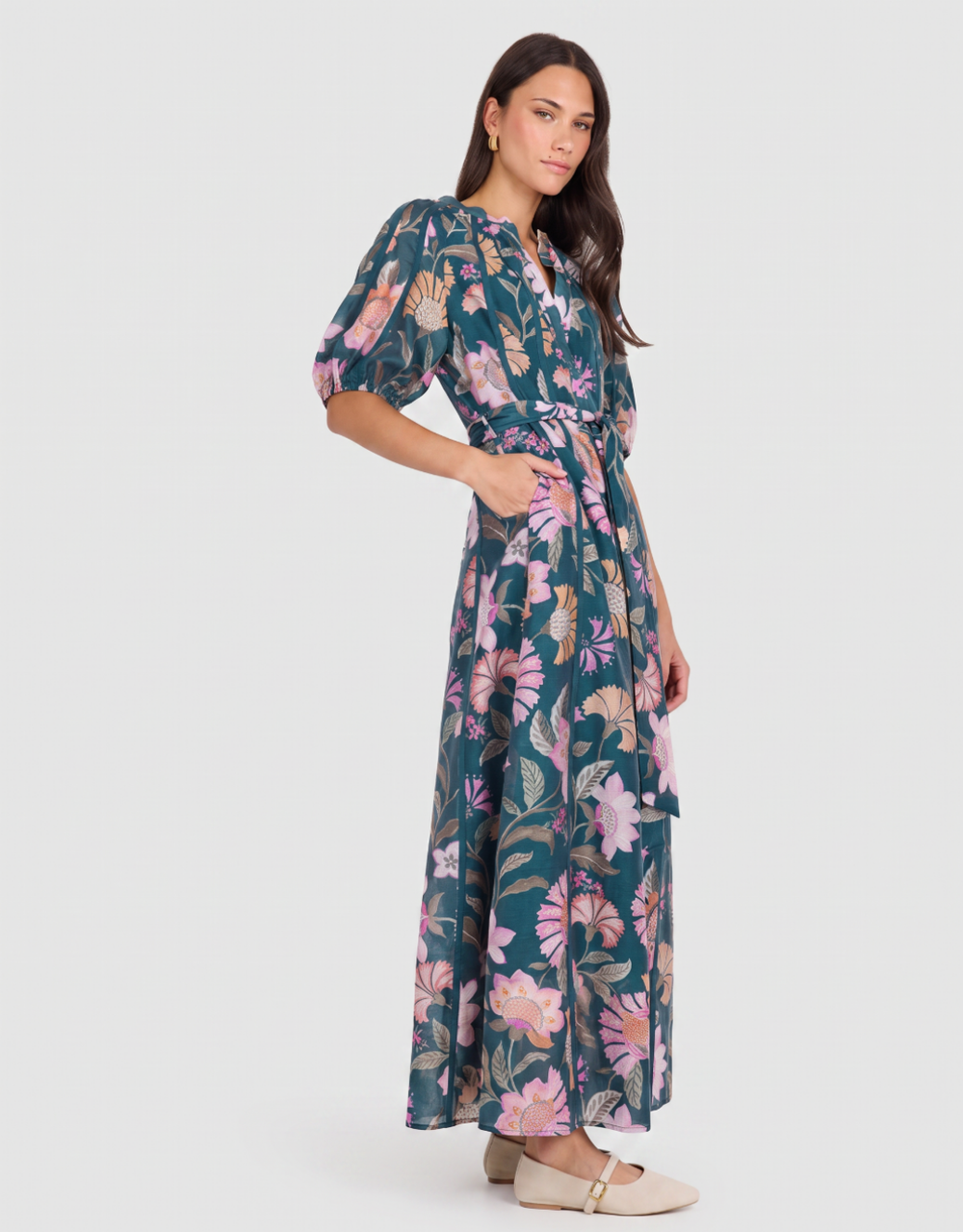 Intuition Scarf Print Puff Sleeve Maxi Shirt Dress - Petrol