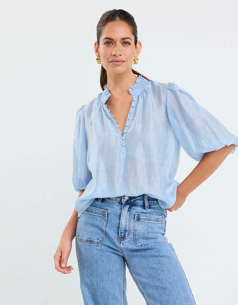 Closure Sheer High Neck Buttoned Top - Pale Blue