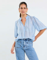 Closure Sheer High Neck Buttoned Top - Pale Blue