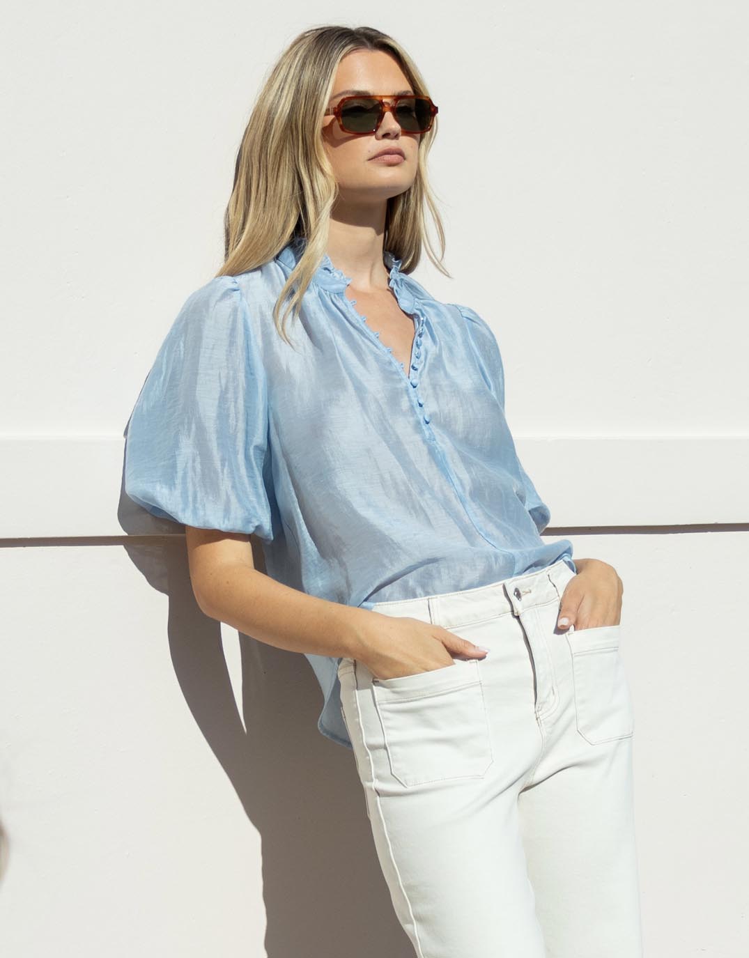 Closure Sheer High Neck Buttoned Top - Pale Blue