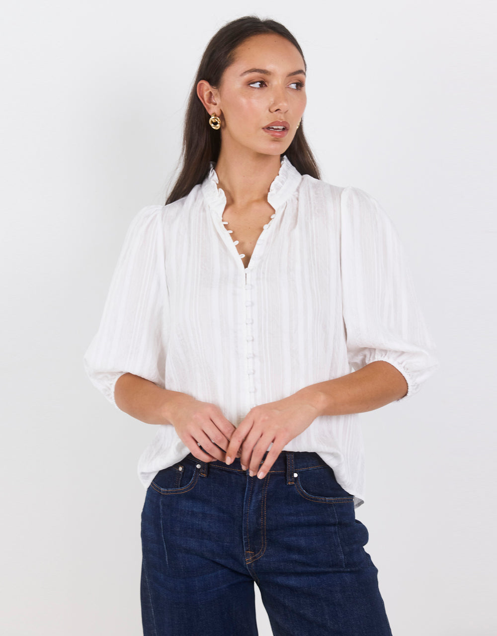 Continuance Self Stripe Button Through Mid Sleeve Top - Ivory