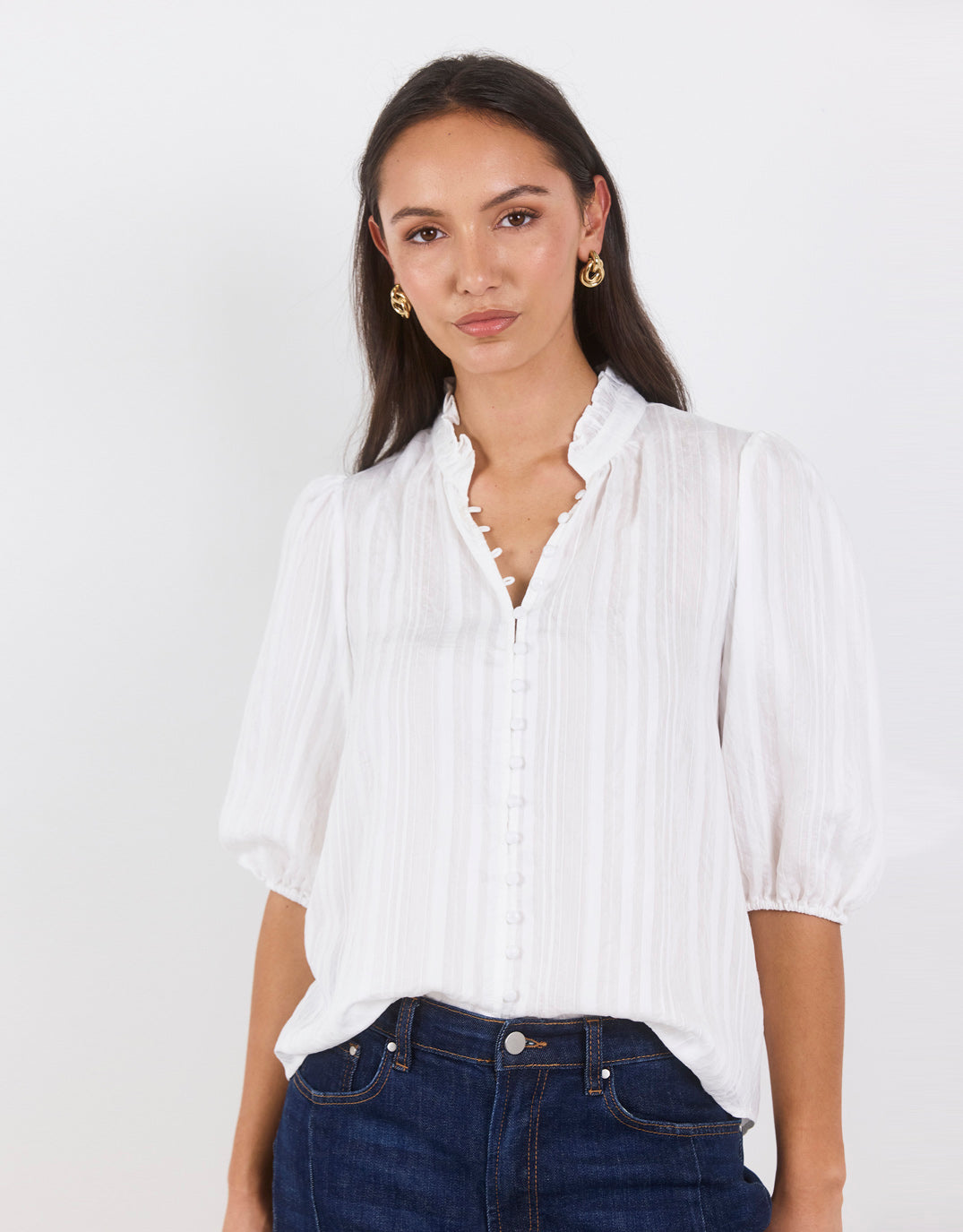 Continuance Self Stripe Button Through Mid Sleeve Top - Ivory