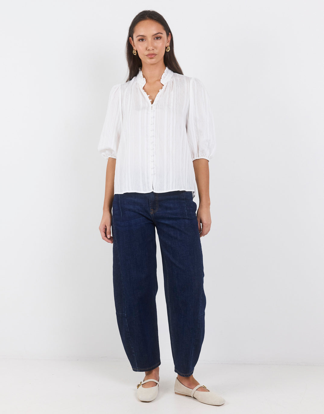 Continuance Self Stripe Button Through Mid Sleeve Top - Ivory