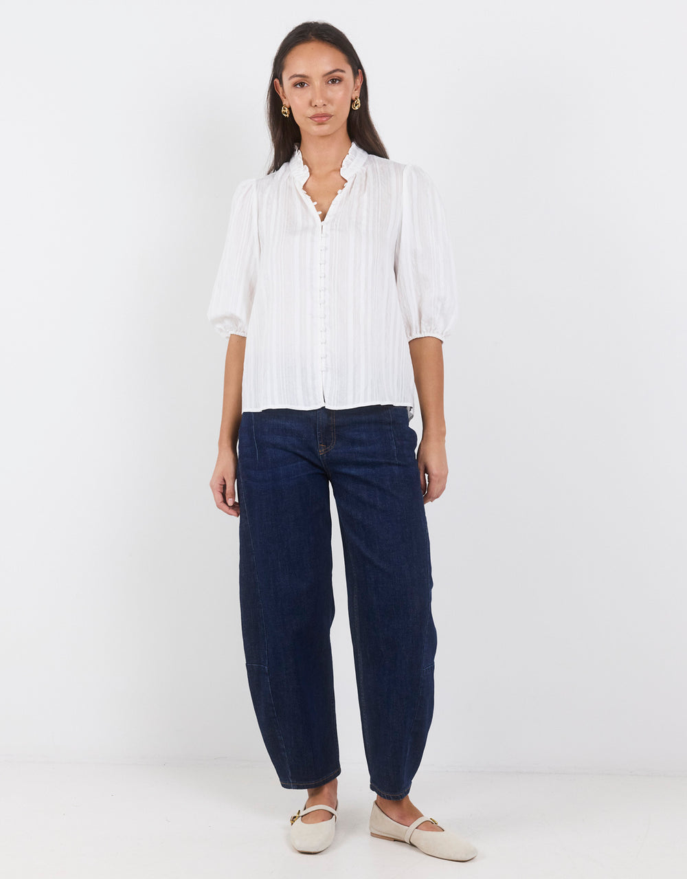 Continuance Self Stripe Button Through Mid Sleeve Top - Ivory
