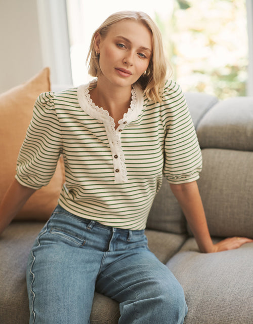 Jacqueline Top - White/Green Stripe