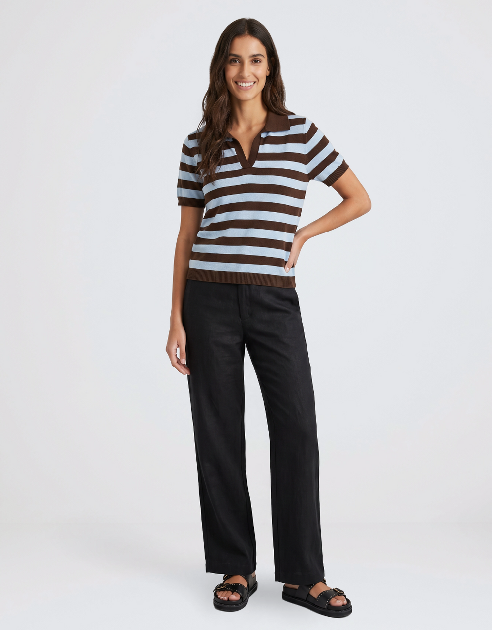 Knit Striped Polo -  Chocolate/Blue