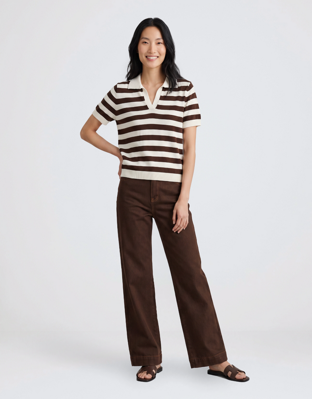 Knit Striped Polo - Chocolate/Cream