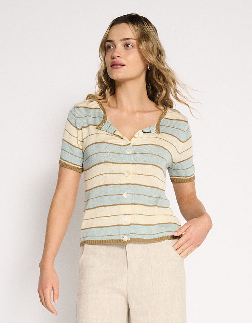 Solene Stripe Button Top - Dusty Aqua