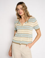 Solene Stripe Button Top - Dusty Aqua