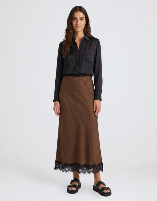 Margarita Satin Lace Trim Bias Maxi Skirt - Chocolate Polka Dot
