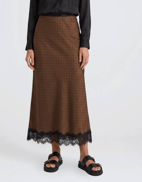 Margarita Satin Lace Trim Bias Maxi Skirt - Chocolate Polka Dot