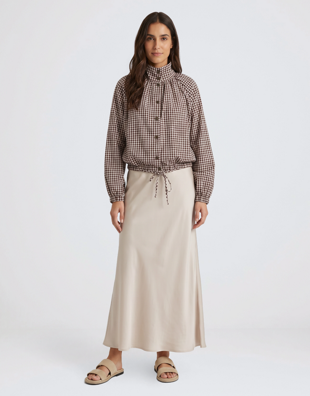 Margot Gathered Hem Shirt - Choc/White