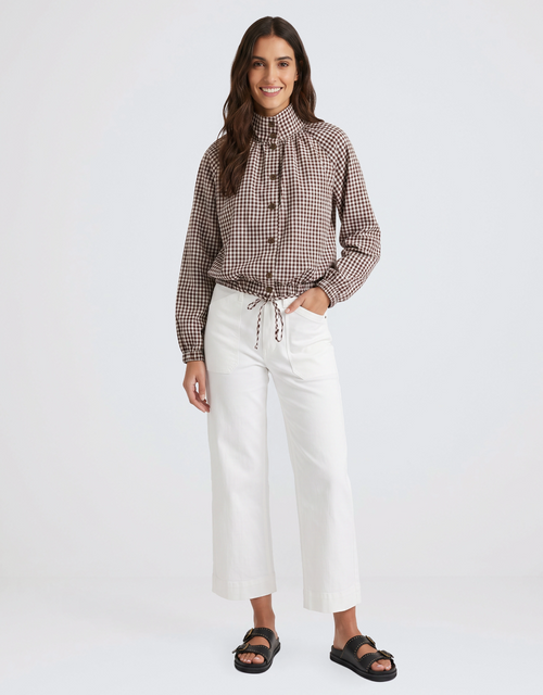 Margot Gathered Hem Shirt - Choc/White