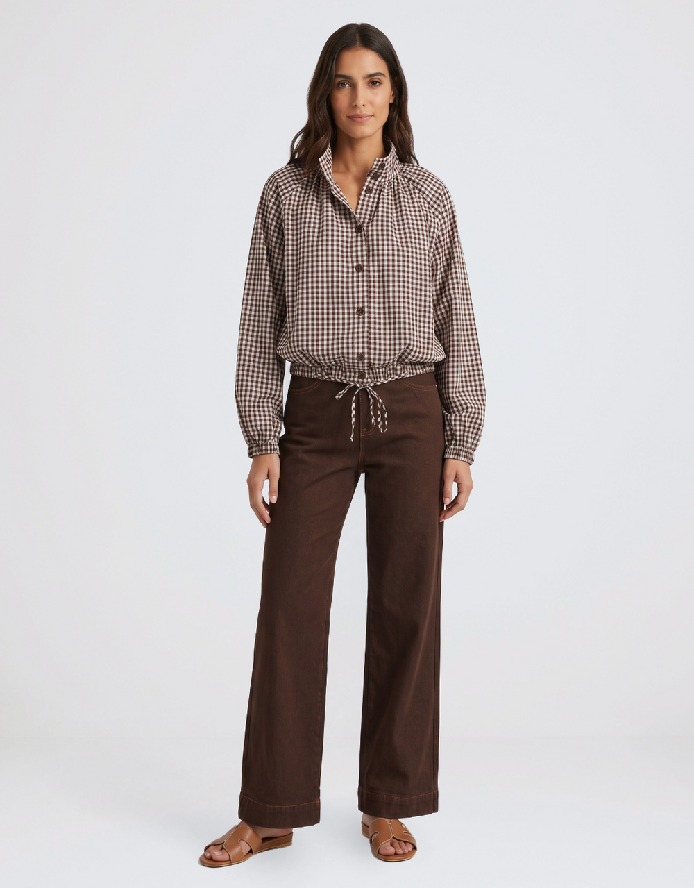 Margot Gathered Hem Shirt - Choc/White