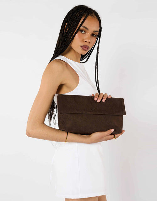 Heartbreaker Oversize Clutch - Dark Choc Suede / Gold
