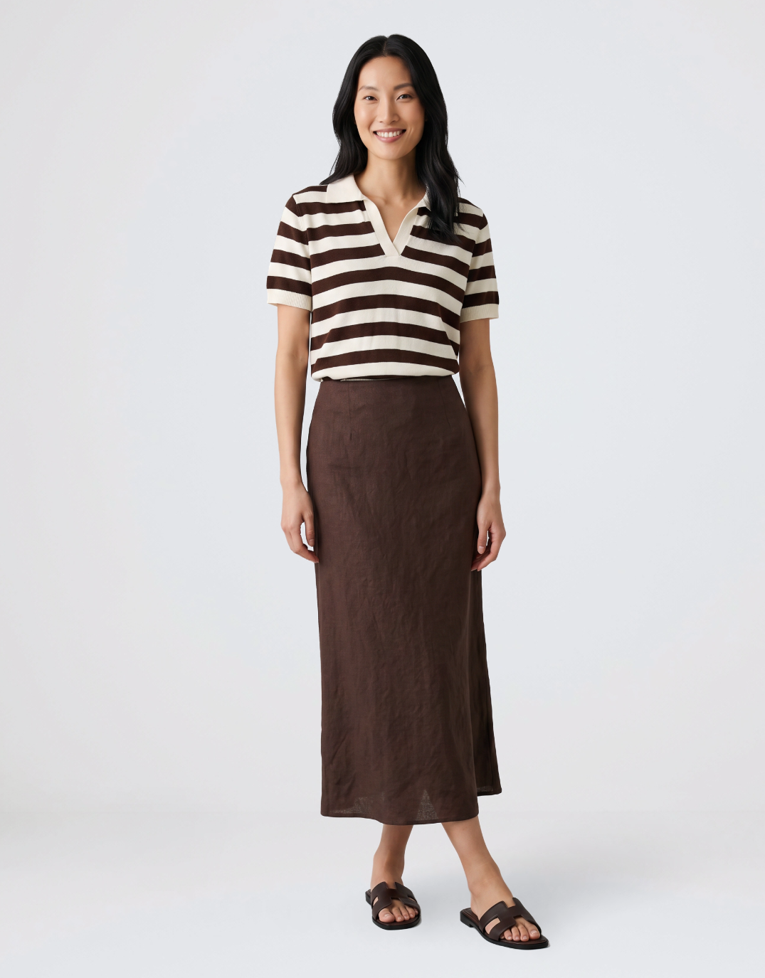 Knit Striped Polo - Chocolate/Cream