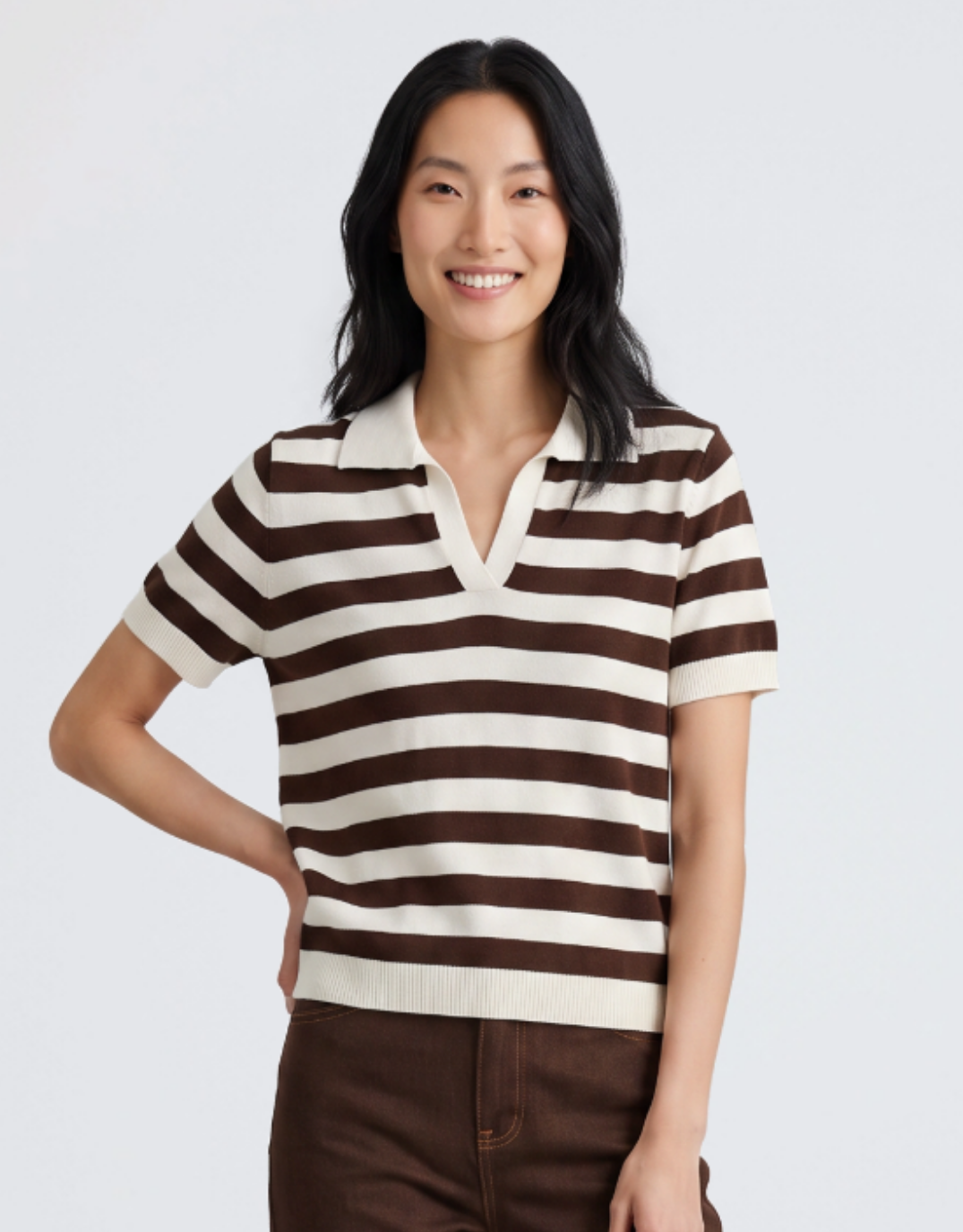 Knit Striped Polo - Chocolate/Cream