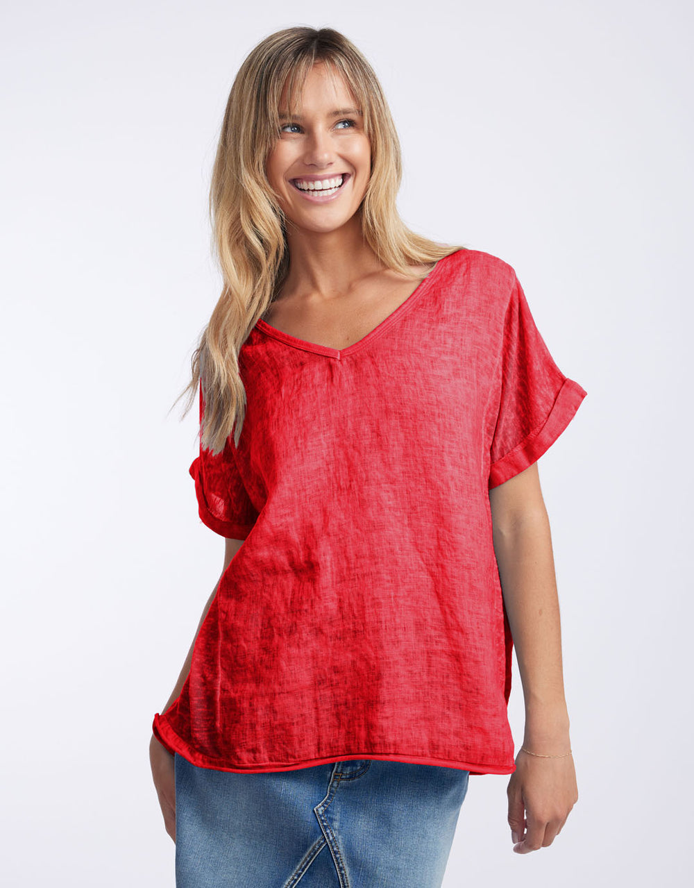 V Neck Calypso Linen Short Sleeve Top - Raspberry