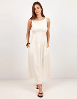 Lucent Sleeveless Abstract Shirring Midi Dress - Cream