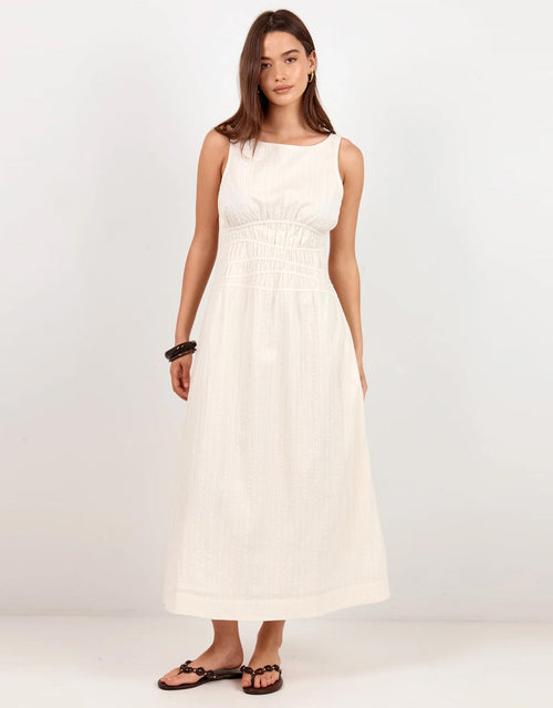 Lucent Sleeveless Abstract Shirring Midi Dress - Cream