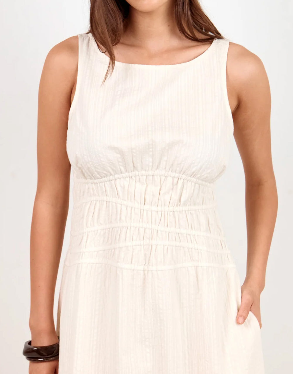Lucent Sleeveless Abstract Shirring Midi Dress - Cream