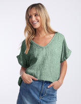 V Neck Calypso Linen Short Sleeve Top - Sage