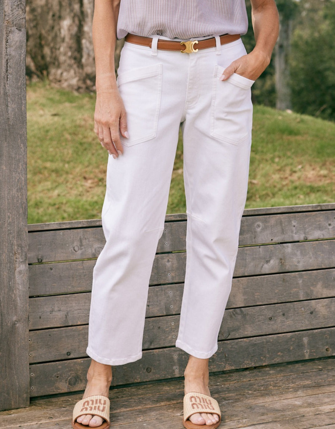 Saskia Stretch Cargo Barrel Jean - White