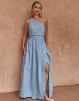 Kinny Stripe One Shoulder Dress - Blue White