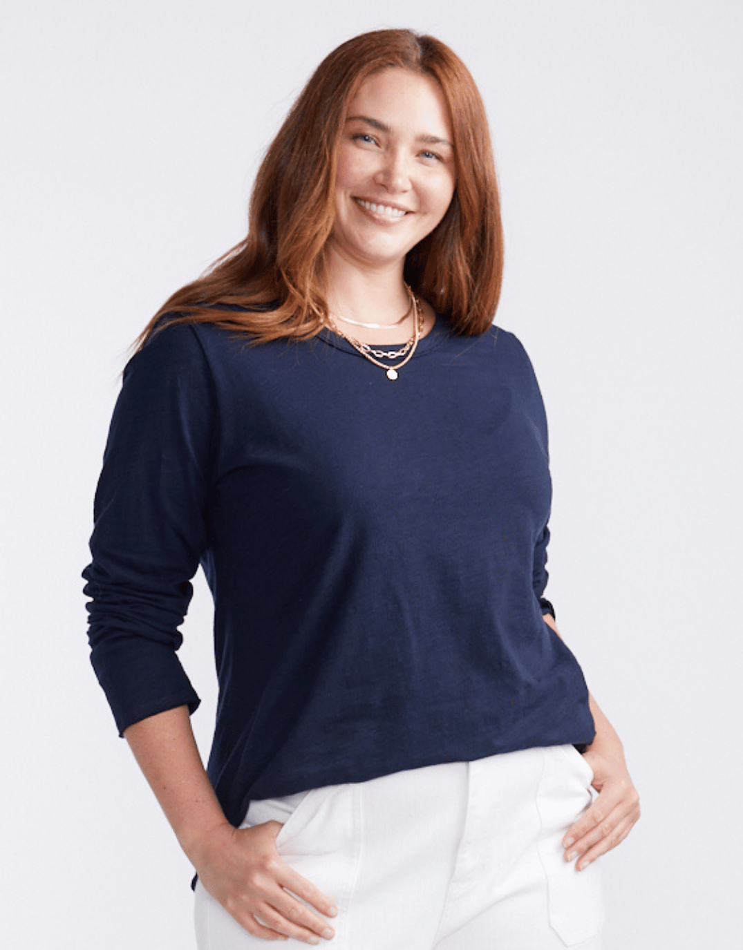 Essential Scoop Hem Long Sleeve T-shirt - Navy White & Co. for