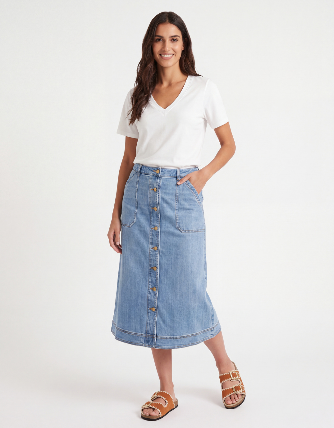 Stevie Midi Denim Skirt - Mid Wash