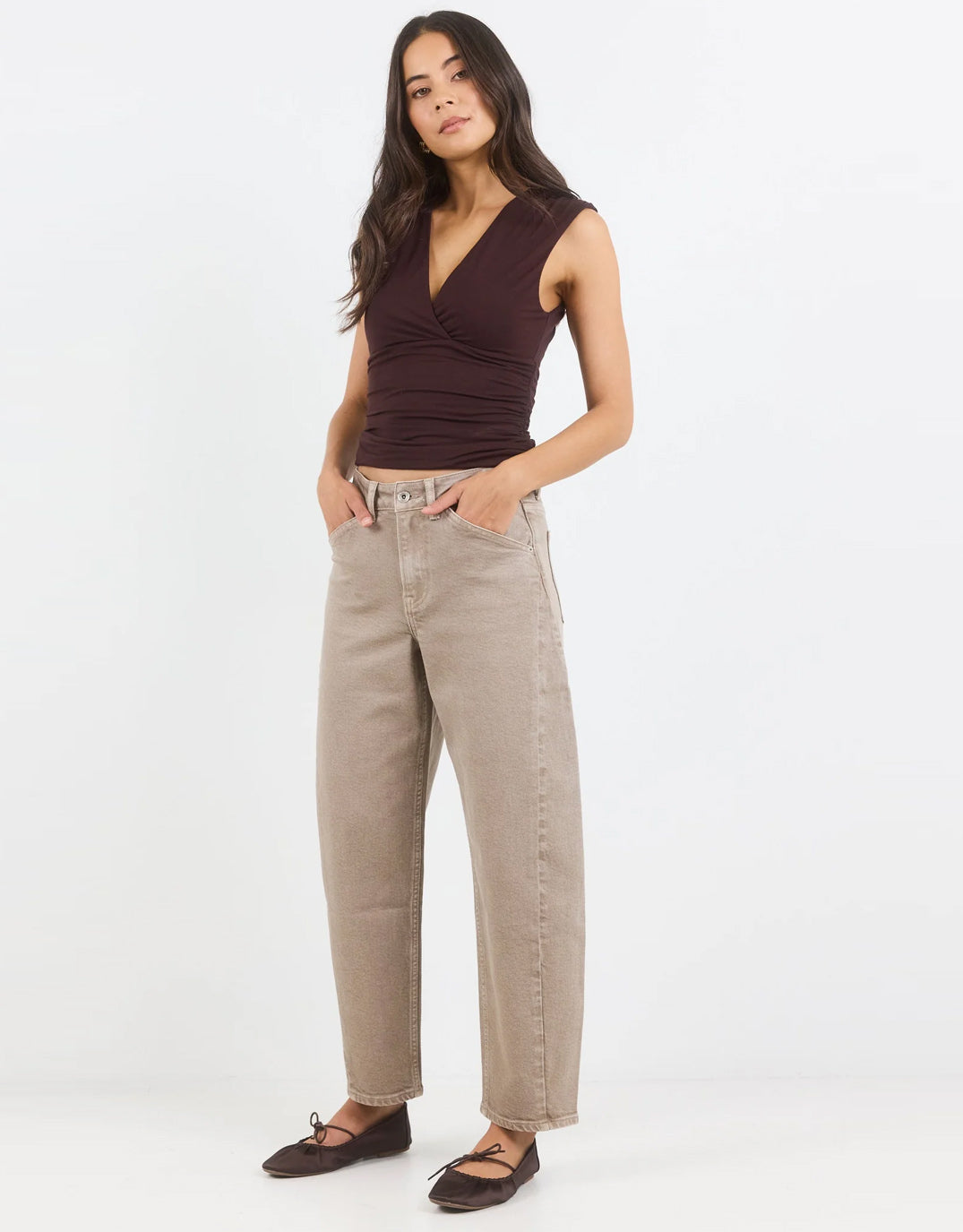 Idolise Stretch Soft Barrel Jean - Taupe