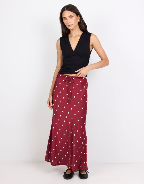 stories-be-told-rarity-satin-tie-waist-bias-maxi-skirt-winecream-polka-dot-womens-clothing