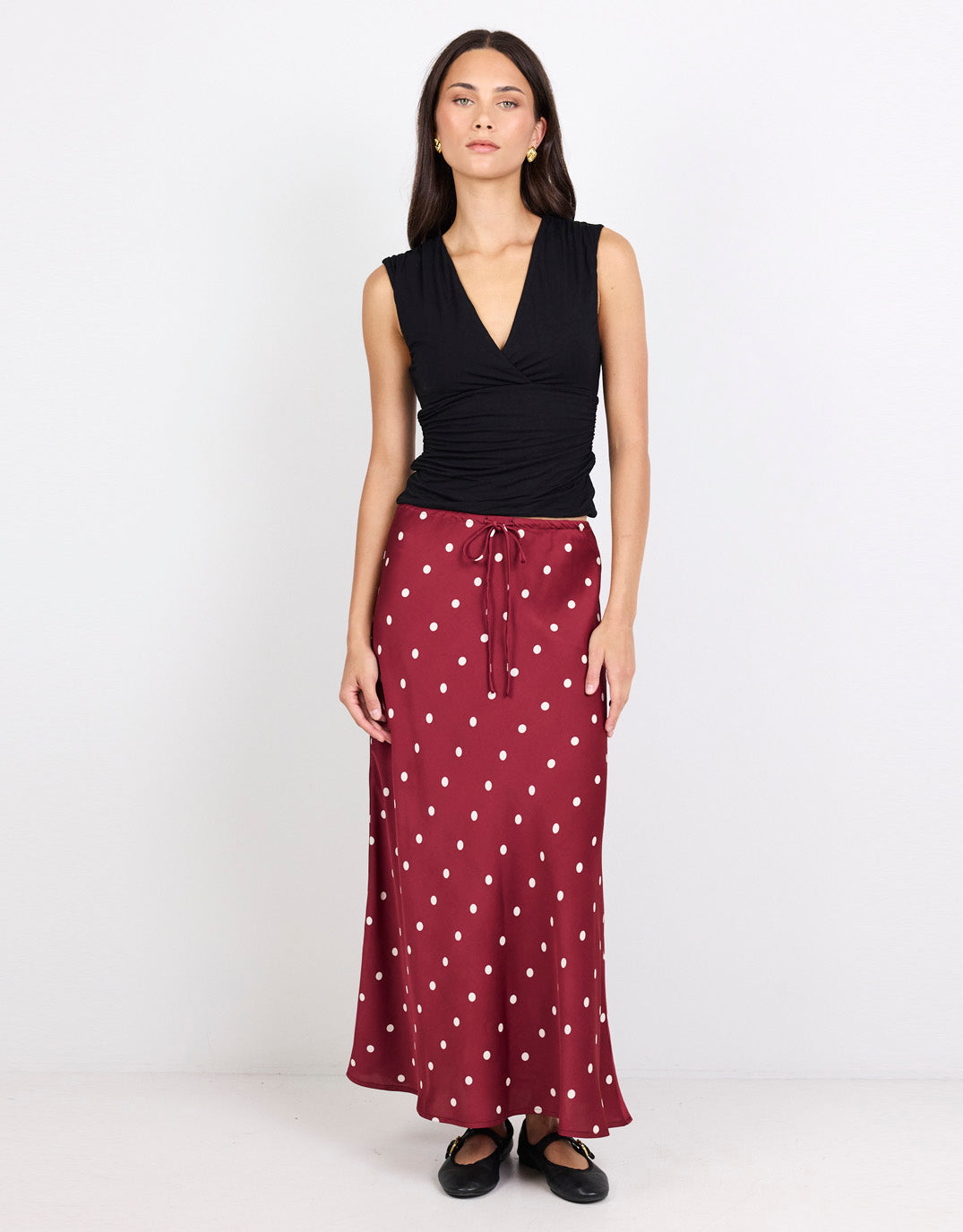 stories-be-told-rarity-satin-tie-waist-bias-maxi-skirt-winecream-polka-dot-womens-clothing