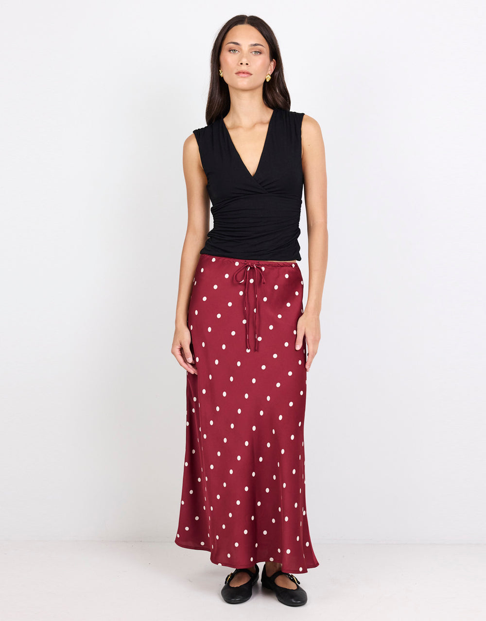 stories-be-told-rarity-satin-tie-waist-bias-maxi-skirt-winecream-polka-dot-womens-clothing