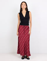 stories-be-told-rarity-satin-tie-waist-bias-maxi-skirt-winecream-polka-dot-womens-clothing