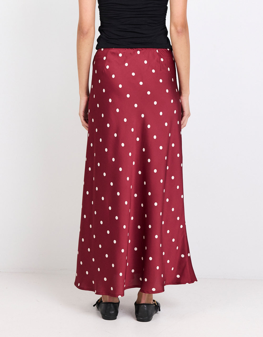 stories-be-told-rarity-satin-tie-waist-bias-maxi-skirt-winecream-polka-dot-womens-clothing