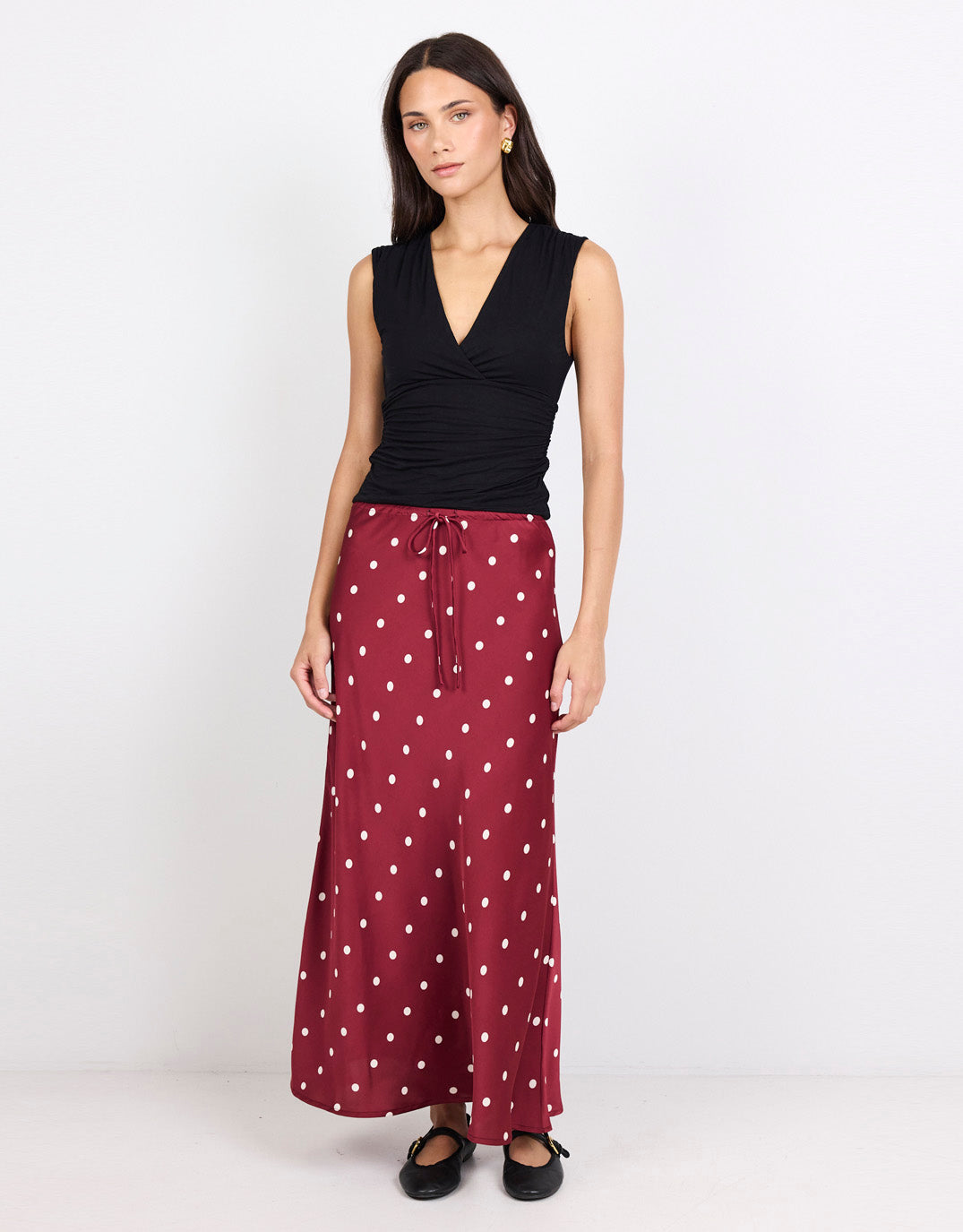 stories-be-told-rarity-satin-tie-waist-bias-maxi-skirt-winecream-polka-dot-womens-clothing