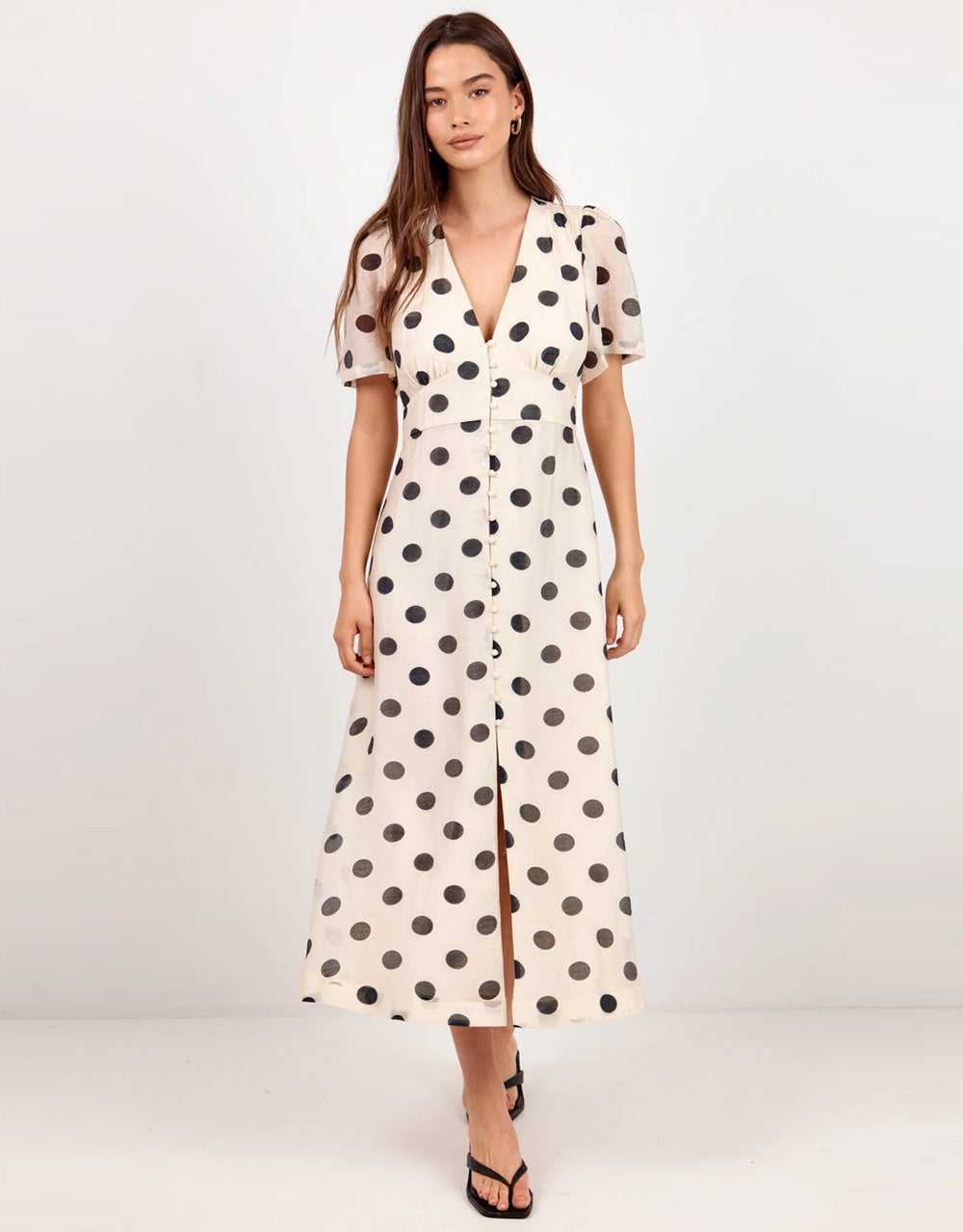 Spicy Button Front Short Sleeve Maxi Dress - Cream/Black Polka Dot