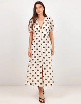 Spicy Button Front Short Sleeve Maxi Dress - Cream/Black Polka Dot