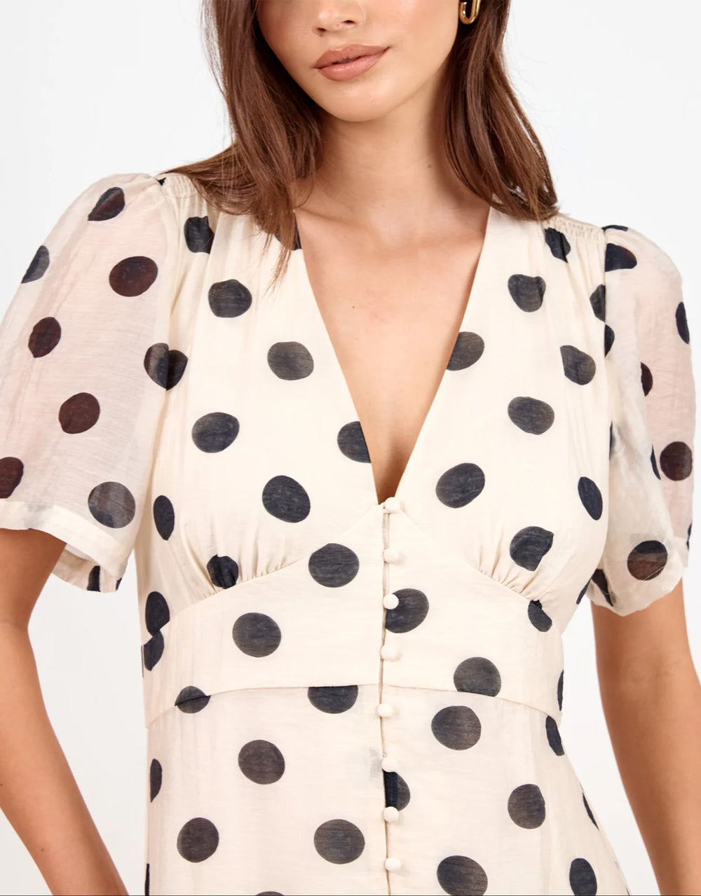 Spicy Button Front Short Sleeve Maxi Dress - Cream/Black Polka Dot