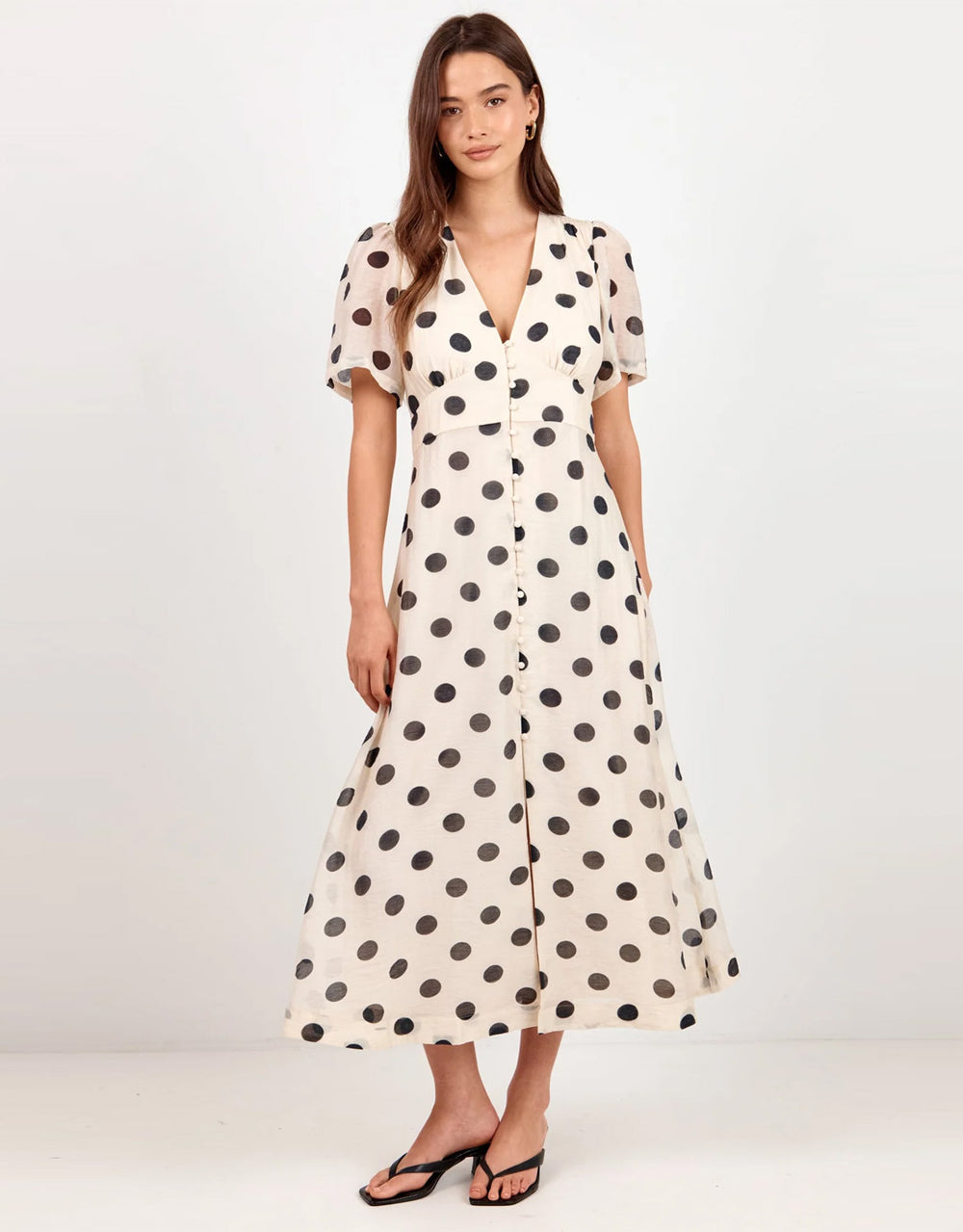 Spicy Button Front Short Sleeve Maxi Dress - Cream/Black Polka Dot
