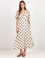 Spicy Button Front Short Sleeve Maxi Dress - Cream/Black Polka Dot