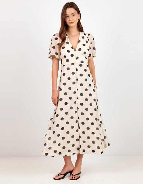 Spicy Button Front Short Sleeve Maxi Dress - Cream/Black Polka Dot