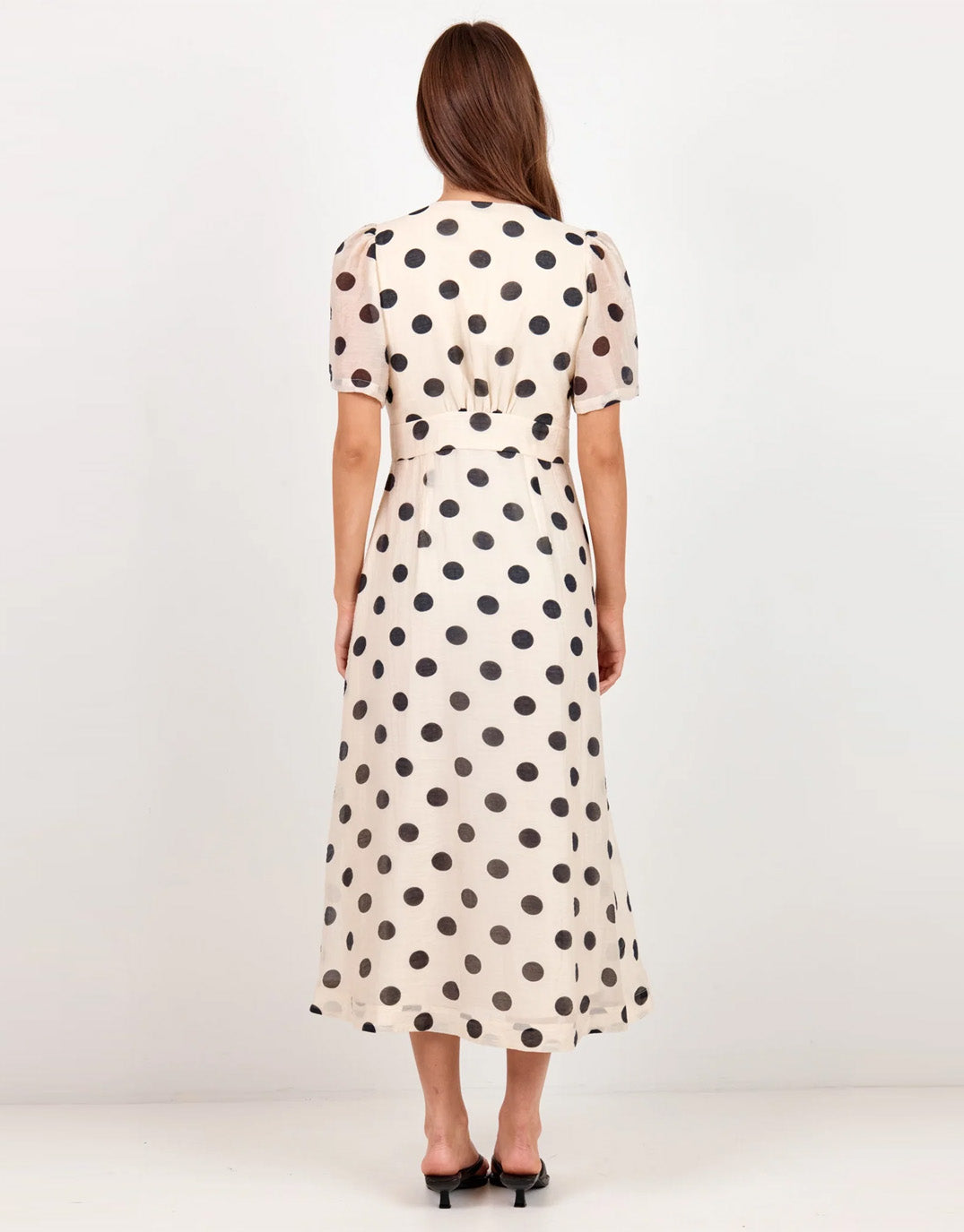 Spicy Button Front Short Sleeve Maxi Dress - Cream/Black Polka Dot