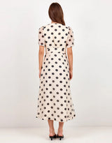 Spicy Button Front Short Sleeve Maxi Dress - Cream/Black Polka Dot