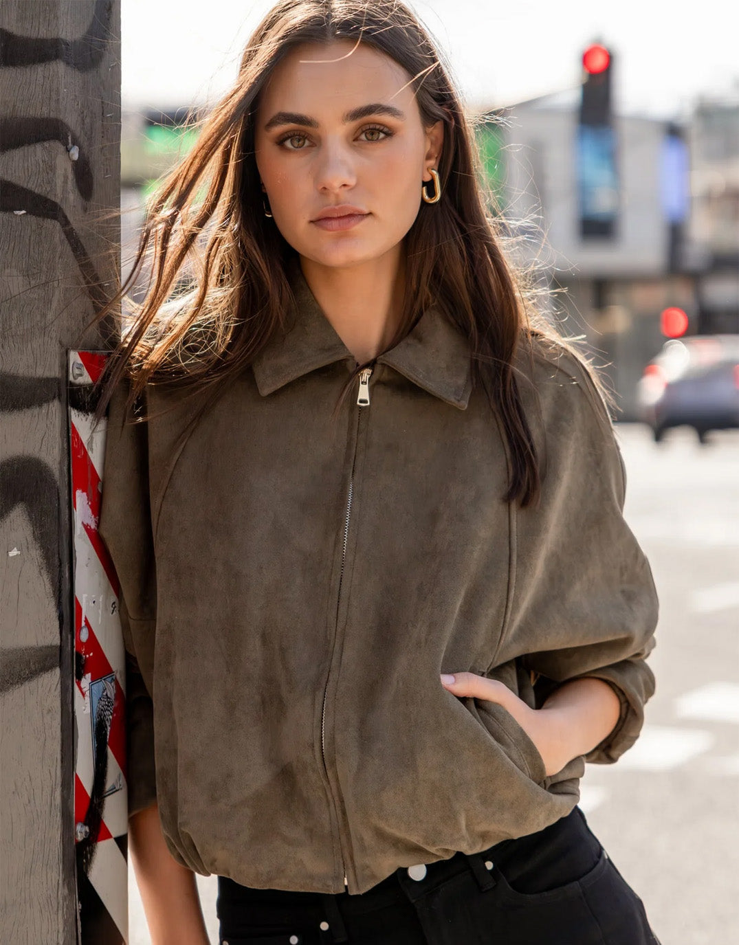 stories-be-told-troupe-faux-suede-zip-through-bubble-hem-bomber-jacket-khaki-womens-clothing