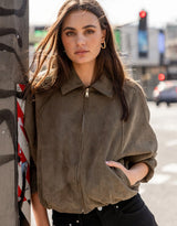 stories-be-told-troupe-faux-suede-zip-through-bubble-hem-bomber-jacket-khaki-womens-clothing