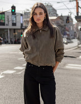 stories-be-told-troupe-faux-suede-zip-through-bubble-hem-bomber-jacket-khaki-womens-clothing
