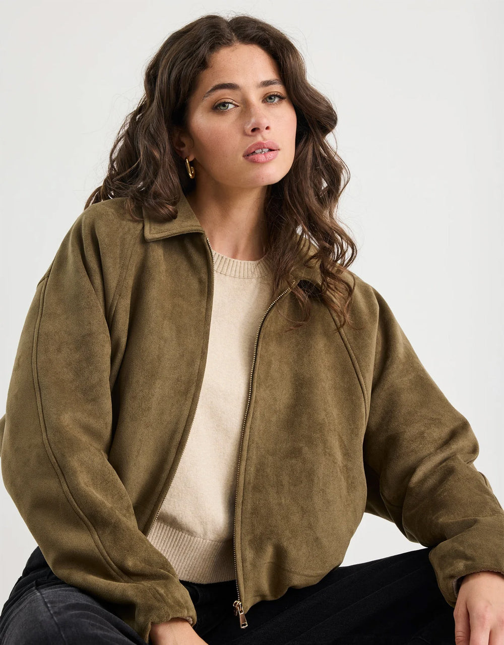 stories-be-told-troupe-faux-suede-zip-through-bubble-hem-bomber-jacket-khaki-womens-clothing